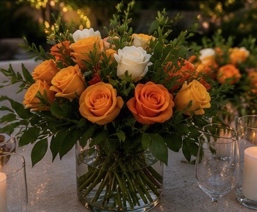 Celebration centerpiece of orange and white garden roses, Lux Events by Michelle