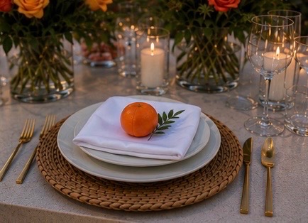 Celebration place setting with rattan charger and citrus accent, Lux Events by Michelle