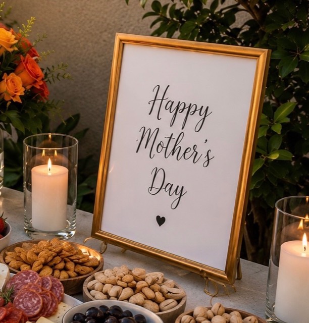 Happy Mother's Day celebration signage beside a candlelit grazing table, Lux Events by Michelle