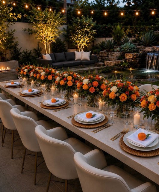 Long candlelit garden dinner table with lush orange rose runners, Lux Events by Michelle